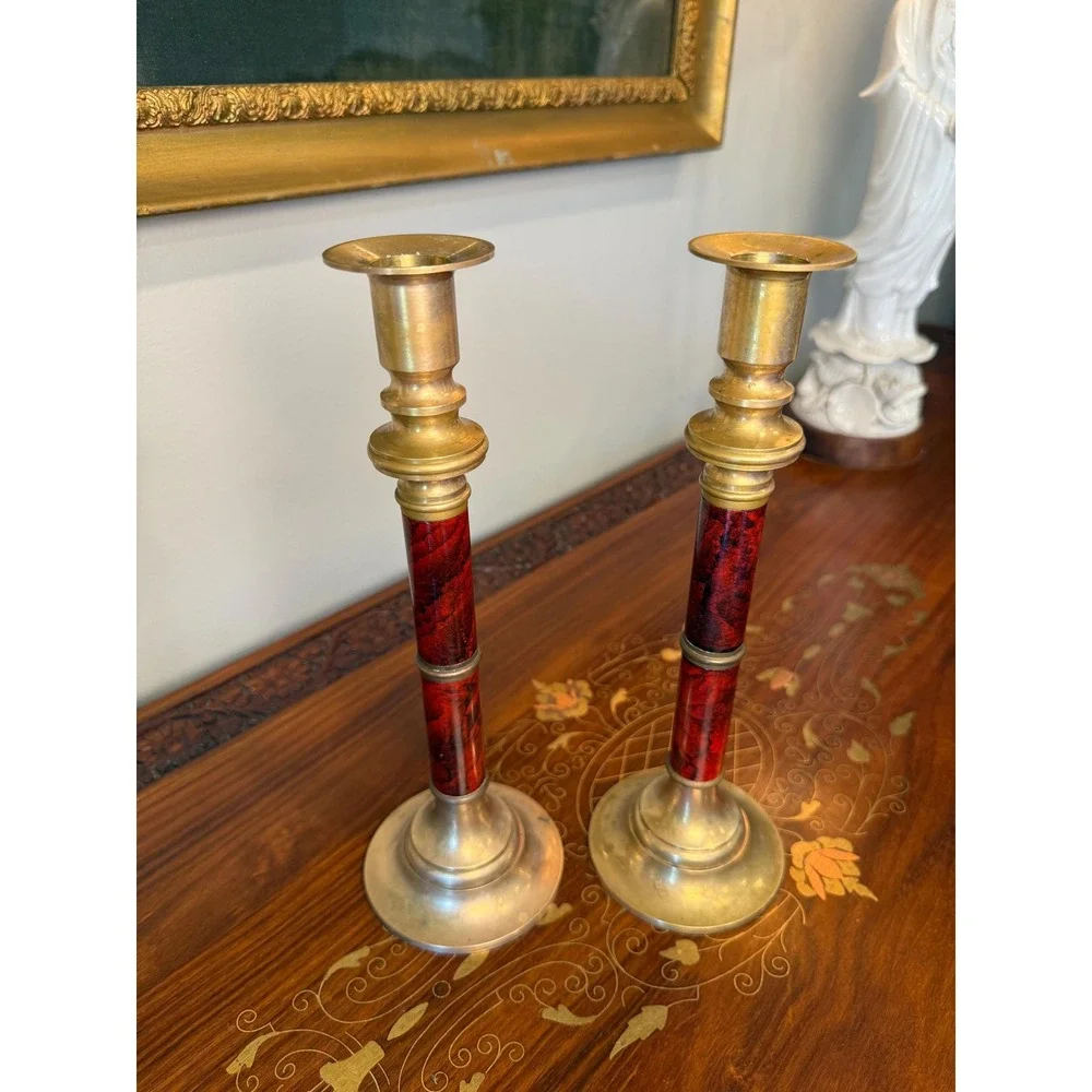 Vintage Brass Candlestick Pair • Red Faux Marble Enamel Column Candle Holders